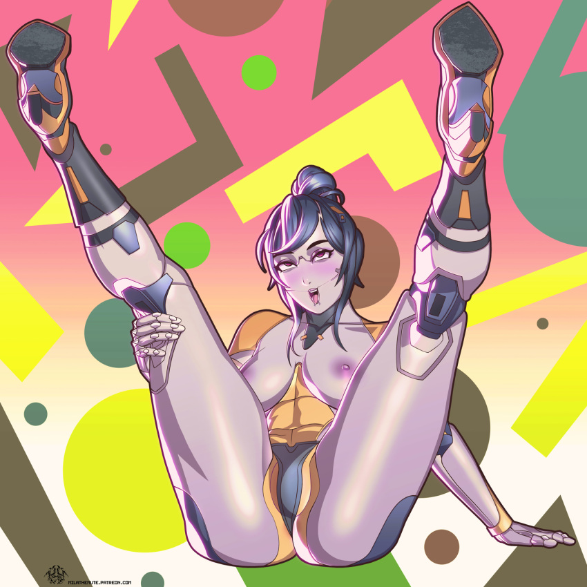 1girls ahe_gao alternate_version_available big_breasts black_hair blush cleavage eyes_rolling_back female female_focus female_only fortnite highres legs_apart legs_up metallic_body mila_the_mute nude nude_female red_eyes robot robot_girl tongue tongue_out topless tsuki_(fortnite)