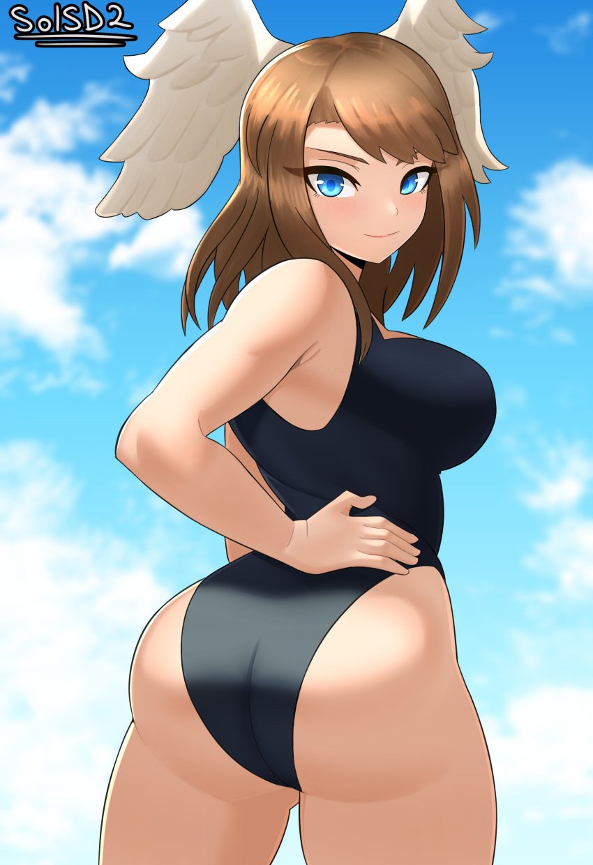 1girls ass big_ass big_breasts big_butt blue_eyes breasts brown_hair eunie_(xenoblade) eyebrows female female_only looking_at_viewer looking_back medium_hair smile sol-sama_d2 solo solo_female standing thick_thighs thighs xenoblade_chronicles xenoblade_chronicles_(series) xenoblade_chronicles_3