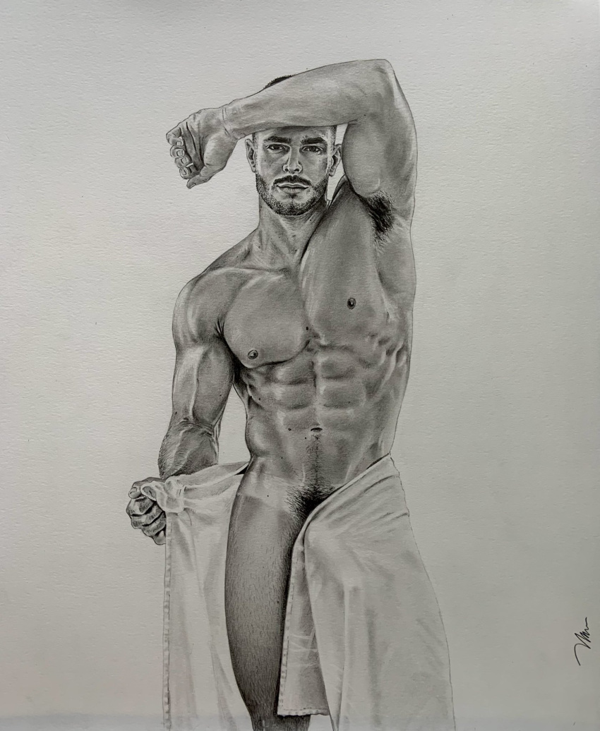 arm_on_head armpit black_and_white brad_welch_art bulge instagram_model jorge_cobian latino male male_only muscles muscular muscular_male onlyfans_model pencil_(artwork) penis_outline real_person sketch tanline teasing uncolored