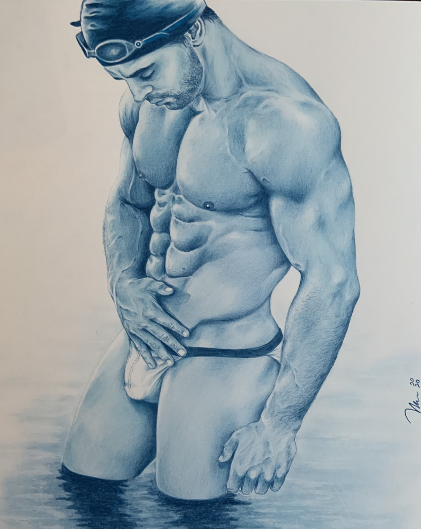 brad_welch_art bulge male male_only muscles muscular muscular_male outdoors outside pencil_(artwork) sketch speedo swimmer water