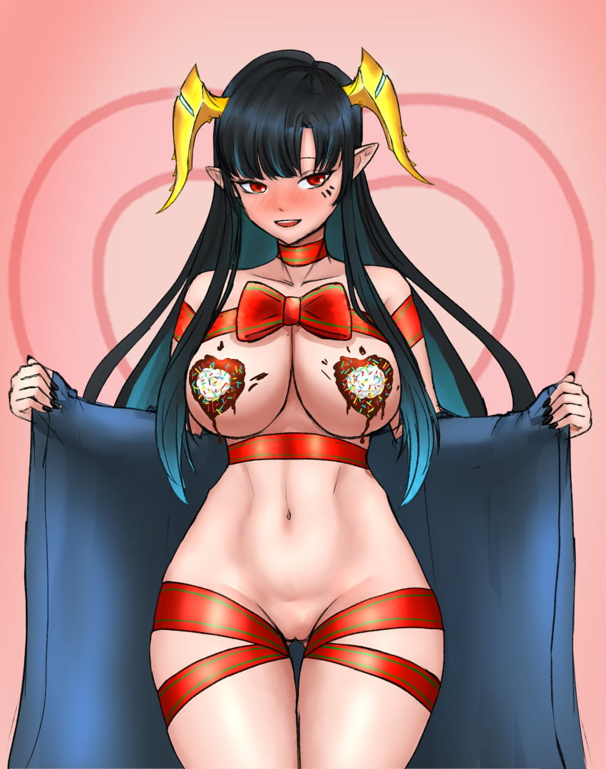 1girls belly_button black_hair black_nails blush breasts chocolate chocolate_on_breasts female female_only horns huge_breasts human_gift ikari_iivo inviting light-skinned_female light_skin nose_blush pixela_legends pixela_project pussy red_eyes seductive solo umino_ciala virtual_youtuber wrapped wrappings wraps