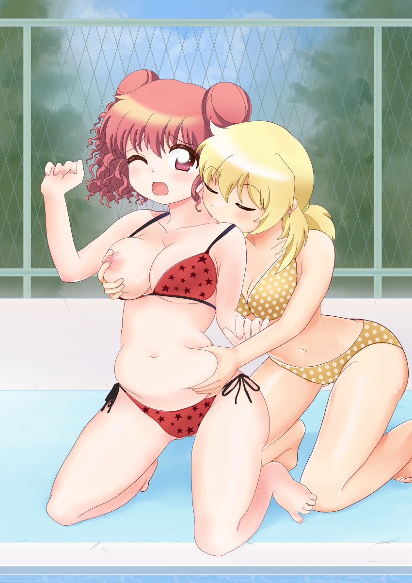 2girls barefoot belly_grab bikini blonde_hair breast_grab breasts cleavage closed_eyes dard_drak feet grabbing hidamari_sketch hiro kissing_neck long_hair miyako multiple_girls one_breast_out one_eye_closed open_mouth plump polka_dot polka_dot_bikini pool red_bikini red_eyes red_hair side-tie_bikini_bottom star_(symbol) star_print swimsuit toes tree yellow_bikini yuri