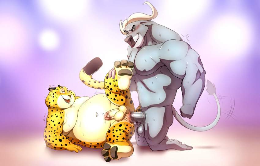 2boys anal anal_sex anthro balls benjamin_clawhauser blush bovid bovine cheetah chief_bogo disney duo felid feline gay genitals humanoid_genitalia humanoid_penis male male/male male_only mammal overweight penetration penis seyrmo true_buffalo water_buffalo yaoi zootopia