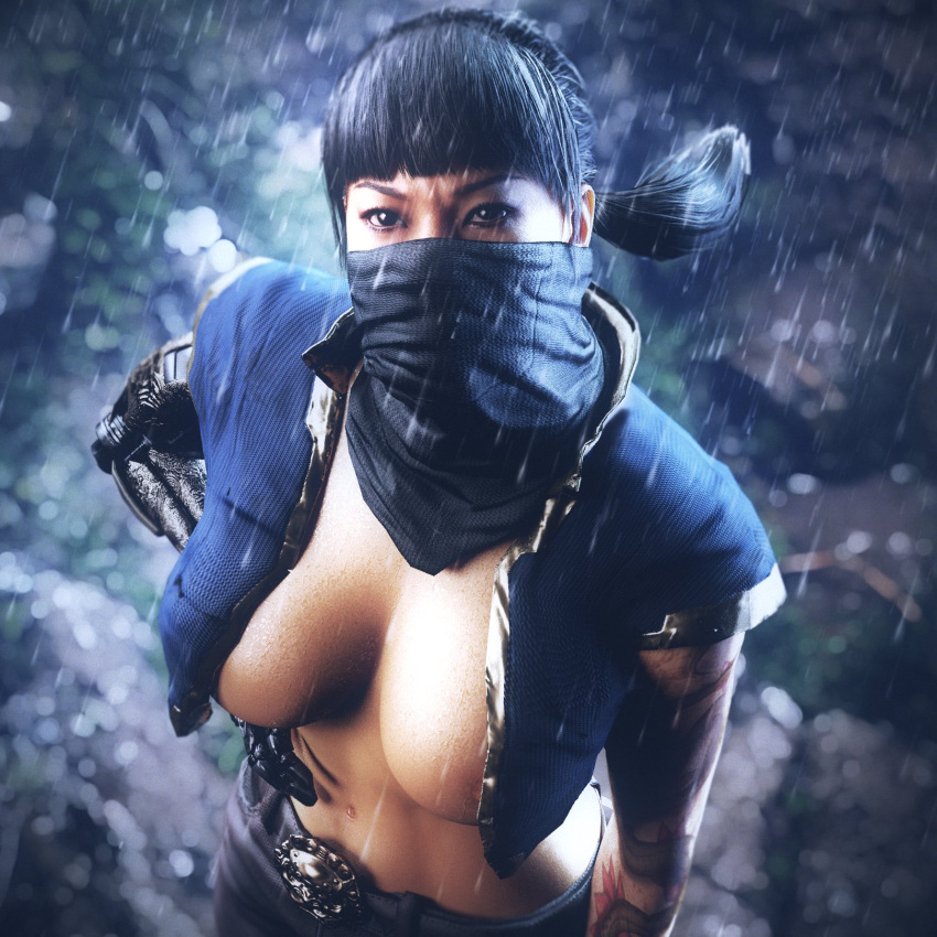 1girls bandana black_hair breasts call_of_duty call_of_duty_black_ops_3 call_of_duty_black_ops_4 cleavage detailed_background flickytuts nipple_slip no_bra open_jacket ponytail raining seraph_(cod) solo_female