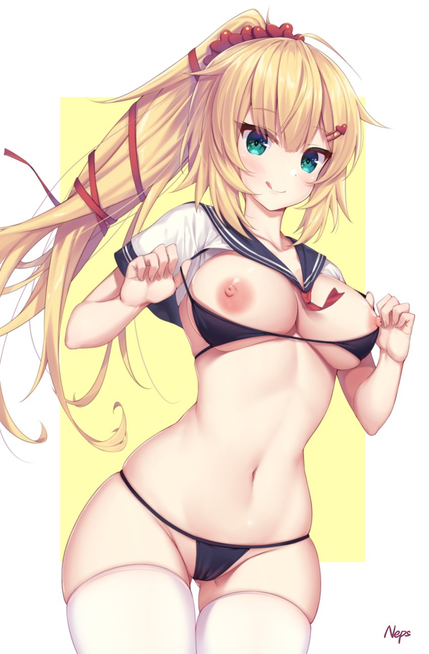 absurdres ahoge akai_haato artist_name bangs bikini black_bikini blonde_hair blue_eyes blush breasts chinese_commentary commentary_request female hair_ornament hair_ribbon heart heart_hair_ornament highres hololive hololive_gen_1 hololive_japan long_hair looking_at_viewer messy_hair navel neps-l nipples ribbon simple_background smile solo swimsuit thighhighs tongue tongue_out virtual_youtuber white_background white_thighhighs yellow_background