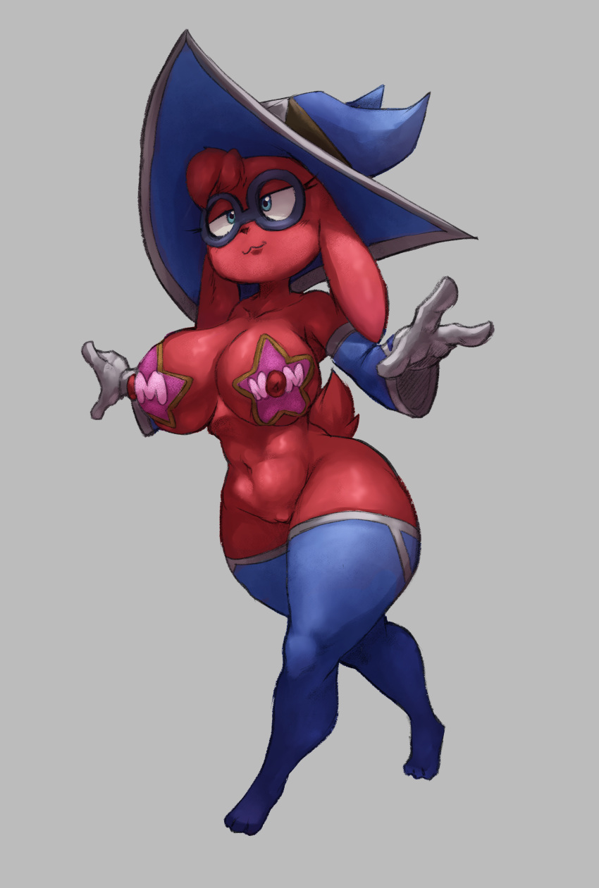 2d 3_fingers absurd_res anthro big_breasts big_legs breasts clothing eyewear female fingerless_gloves fingers floppy_ears gloves hair handwear hat headgear headwear hi_res horn lagomorph legwear leporid lop_ears mammal moji_(paladins) paladins rabbit red_body red_hair ruddyrzaq shortstack sleeves solo stockings thigh_highs