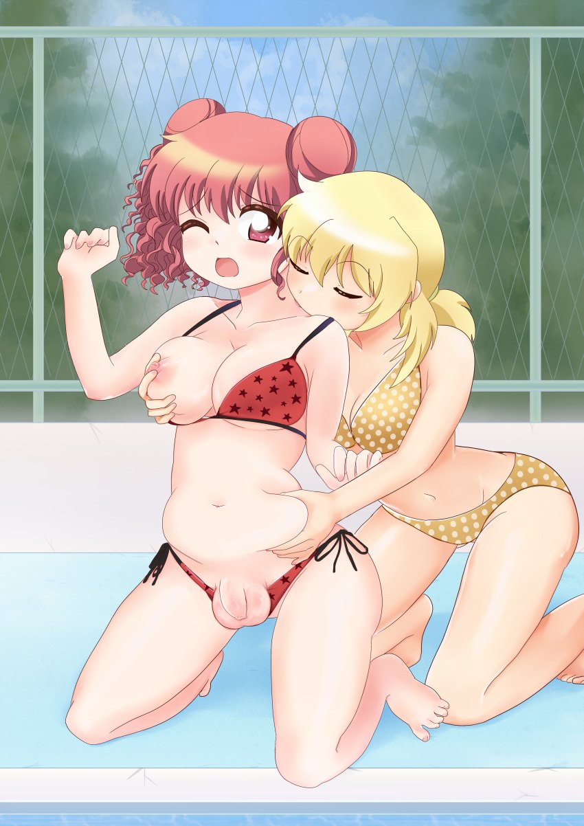 1futa 1girls barefoot belly_grab bikini blonde_hair breast_grab breasts cleavage closed_eyes clothed clothing dard_drak duo feet female flaccid foreskin from_behind futa_with_female futanari grabbing hidamari_sketch hiro human kissing_neck kneeling light-skinned_female light-skinned_futanari light_skin long_hair miyako mostly_nude multiple_girls one_breast_out one_eye_closed open_mouth penis plump polka_dot polka_dot_bikini pool red_bikini red_eyes red_hair side-tie_bikini_bottom small_penis standing star_(symbol) star_print swimsuit testicles toes tree yellow_bikini