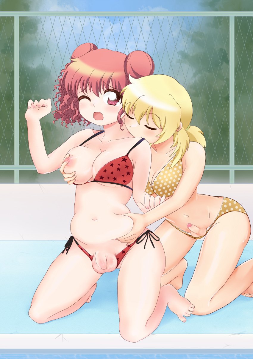 1futa 1girls barefoot belly_grab bikini blonde_hair breast_grab breasts cleavage closed_eyes clothed clothing dard_drak duo erection feet female flaccid foreskin from_behind futa_with_futa futanari grabbing hidamari_sketch hiro human kissing_neck kneeling light-skinned_female light-skinned_futanari light_skin long_hair miyako mostly_nude multiple_girls one_breast_out one_eye_closed open_mouth penis plump polka_dot polka_dot_bikini pool red_bikini red_eyes red_hair side-tie_bikini_bottom small_penis standing star_(symbol) star_print swimsuit testicles toes tree yellow_bikini