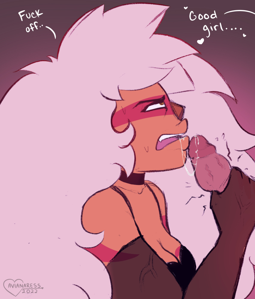 alien alien_girl angry angry_face avianaress big_breasts big_hair blonde_hair blowjob cleavage cursing cussing drooling floofy_hair fluffy_hair handjob jasper_(steven_universe) praise praising spit squeezing squeezing_penis steven_universe swearing tight_grip unseen_male_face