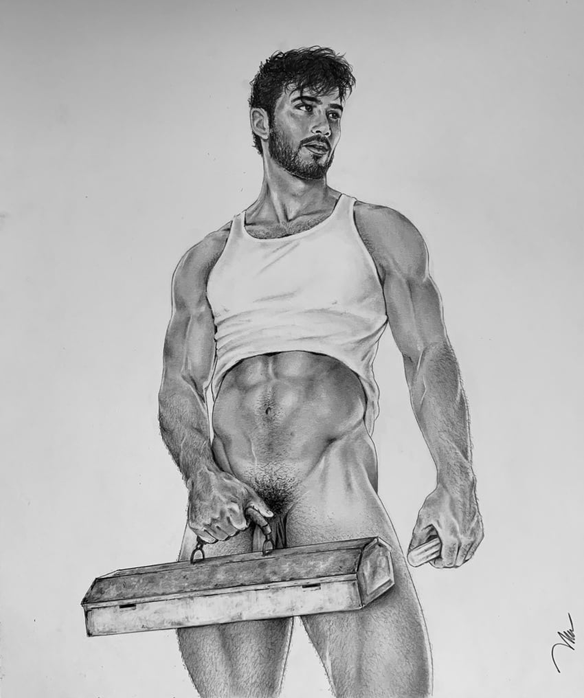 1boy black_and_white bottomless brad_welch_art caucasian caucasian_male covering_crotch crotch_covered flaccid flaccid_penis instagram_model male male_only michael_yerger muscles muscular muscular_male onlyfans_model pencil_(artwork) real_person shirt_lift sketch solo solo_male tank_top tanline toolbox uncolored white_tank_top white_tank_top_lift