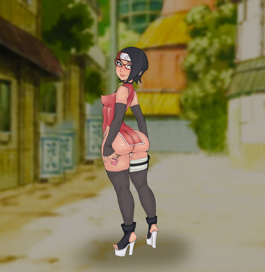 1girls boruto:_naruto_next_generations colored condom_wrapper female female_only glasses headgear high_heels legoman legwear looking_back naruto naruto_(series) open_toe_shoes platform_heels sarada_uchiha short_hair smirking solo thigh_strap whipgaw