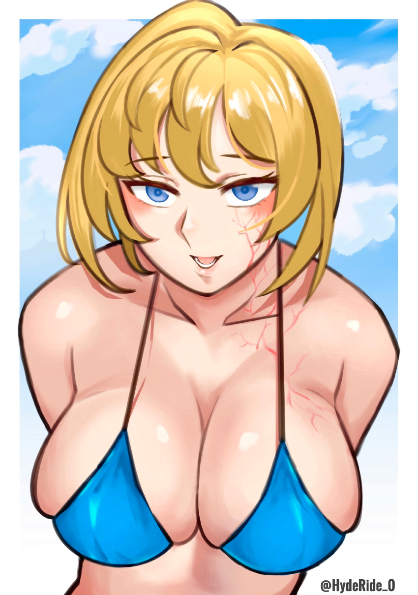 apex_legends areolae author:_hyderide beach big_breasts blue_eyes bra breasts happy huge_breasts hyderide_0 lichtenberg_figure scar scars swimsuit swimwear tight_clothing water wattson_(apex_legends) yellow_hair