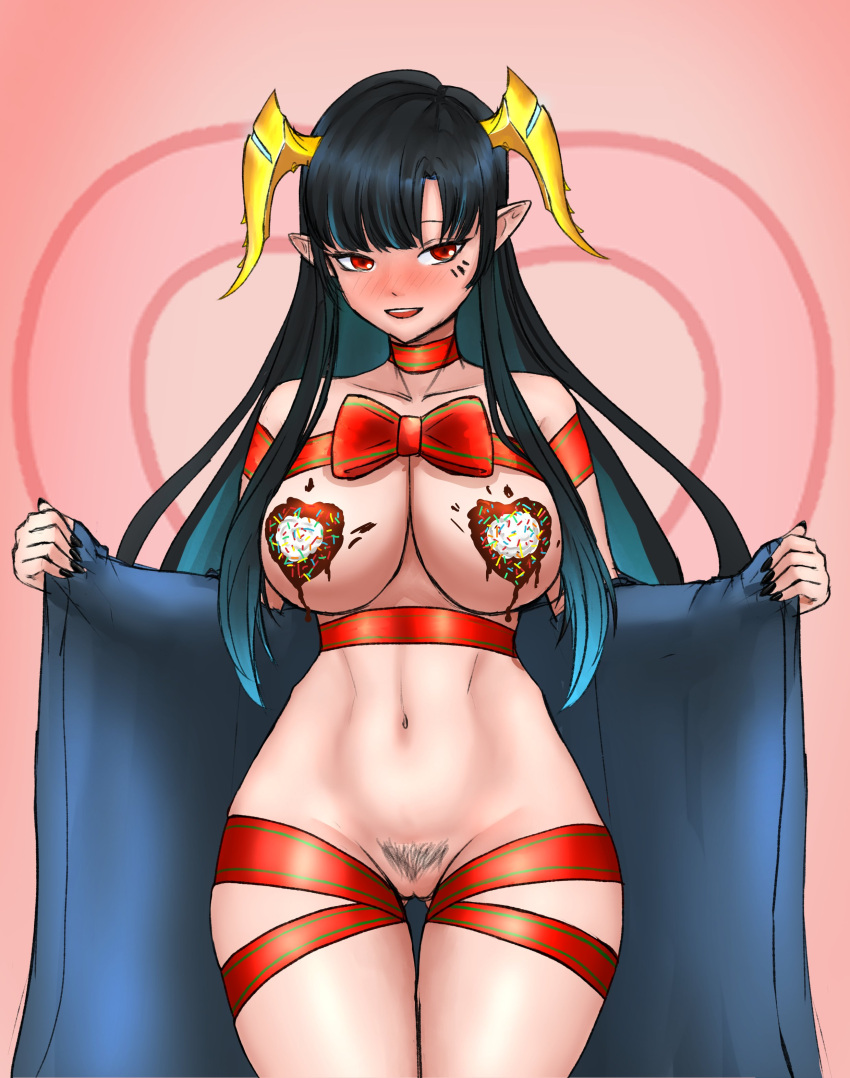 1girls belly_button black_hair black_nails blush breasts chocolate chocolate_on_breasts female female_only female_pubic_hair horns huge_breasts human_gift ikari_iivo inviting light-skinned_female light_skin nose_blush pixela_legends pixela_project pubic_hair pussy red_eyes seductive solo umino_ciala virtual_youtuber wrapped wrappings wraps