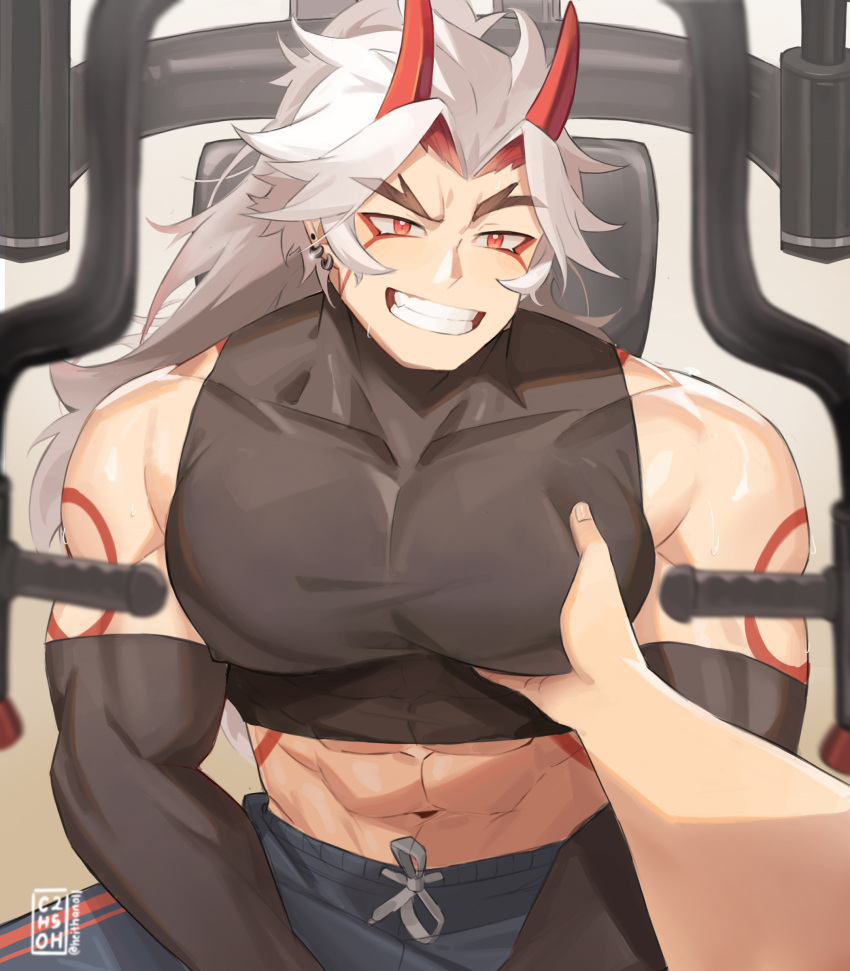 abs arataki_itto bara_tiddies crop_top gay genshin_impact heithanoll male_boobs male_only muscles pec_grab pec_squeeze piercings red_eyes smile smug_face squish white_hair workout_clothes