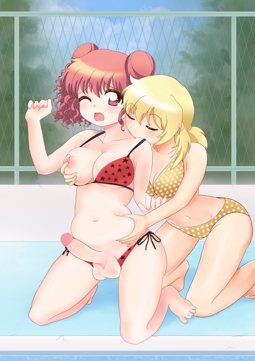 1futa 1girls barefoot belly_grab bikini blonde_hair breast_grab breasts cleavage closed_eyes dard_drak erection feet full-package_futanari futa_with_female futanari grabbing hidamari_sketch hiro kissing_neck long_hair miyako multiple_girls one_breast_out one_eye_closed open_mouth penis plump polka_dot polka_dot_bikini pool red_bikini red_eyes red_hair side-tie_bikini_bottom star_(symbol) star_print swimsuit testicles toes tree yellow_bikini