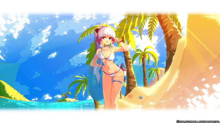 1girls 4k 60fps aduare animated beach bikini breasts coconut_tree female female_only genshin_impact high_quality high_resolution highres kamisato_ayaka sand sea sky solo solo_female swimsuit thick_thighs tree voluptuous