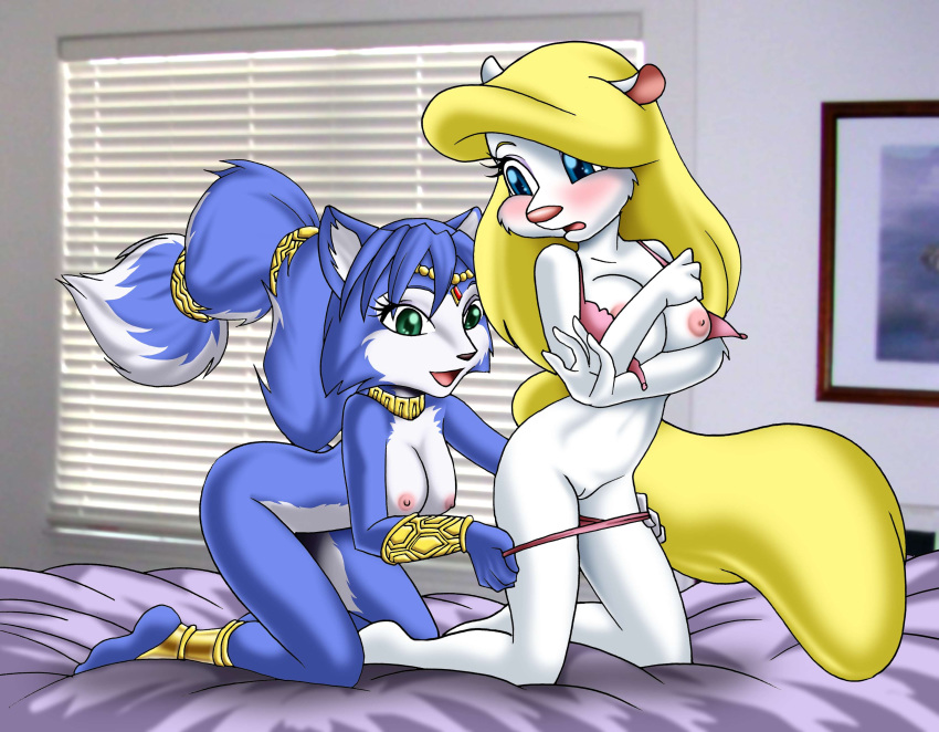 2girls animaniacs anthro barefoot bed blonde_hair blue_eyes blue_hair blush bra bracelet breasts canine circlet clothes crossover female female_fox fox fur furry green_eyes hair high_resolution jewelry kneeling krystal leg_band lingerie long_hair mammal minerva_mink mink mustelid necklace nintendo nude panties pussy rodent squirrel star_fox tail tail_band underwear undressing unknown_artist video_games yuri