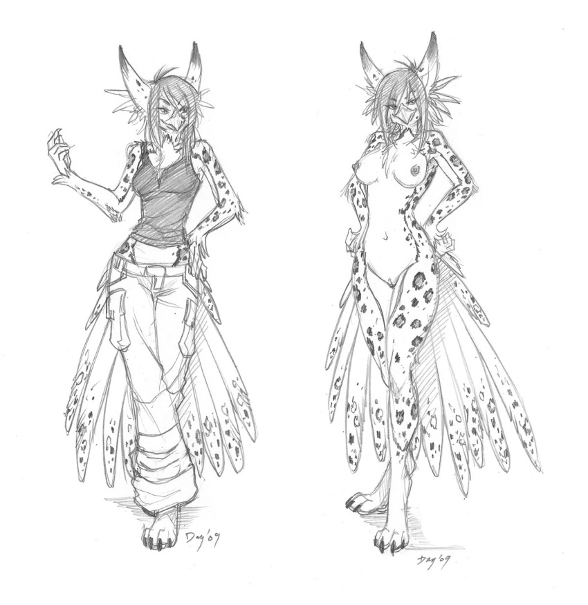 2009 avian clothed feline female gryphon hybrid model_sheet nude pose sketch snow_leopard solo telza thewhitedemon