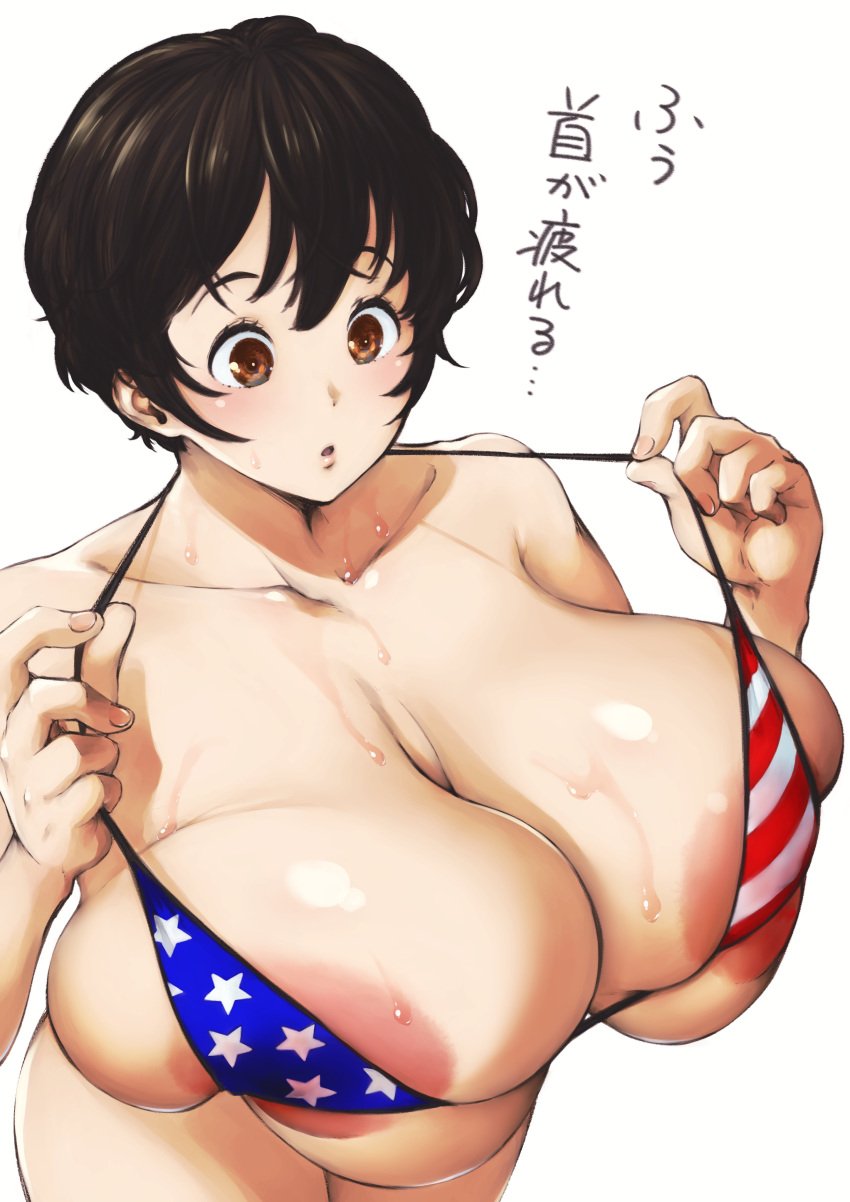 1girls american_flag american_flag_bikini big_breasts bikini breasts busty curvaceous curvy curvy_body curvy_female female female_focus huge_breasts idolmaster idolmaster_cinderella_girls japanese_text kyugata large_breasts oikawa_shizuku shizuku_oikawa short_hair translation_request very_short_hair voluptuous