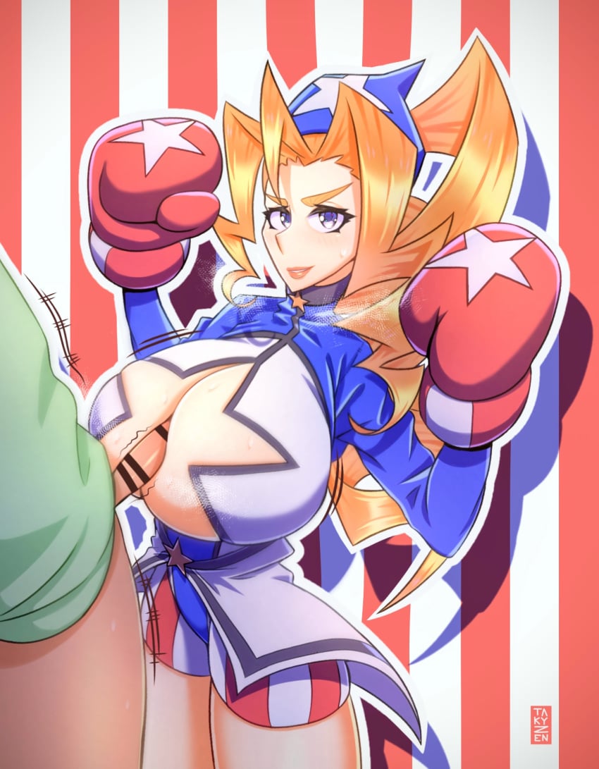 1boy 1girls blonde_hair blue_eyes boxing_gloves breasts capcom censored cleavage female female_focus gloves huge_breasts large_breasts light-skinned_female light-skinned_male lips long_hair long_sleeves looking_at_viewer male paizuri penis penis_between_breasts ponytail red_boxing_gloves red_gloves rival_schools star_boxing_gloves star_cutout takyzen thick thick_eyebrows thick_hips thick_thighs tiffany_lords unseen_male_face wide_hips