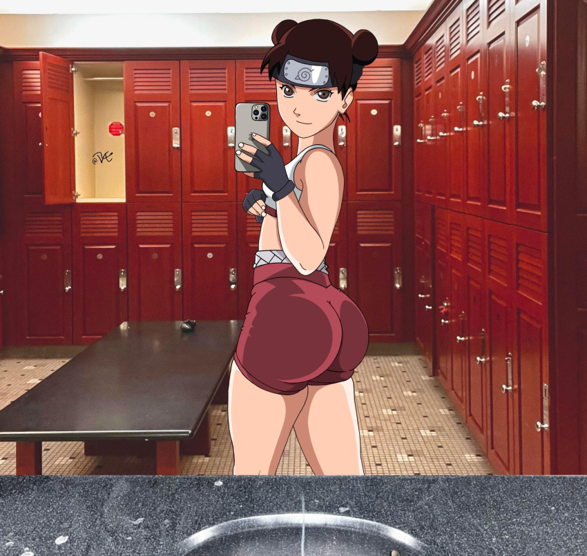 1girls adapted_costume ass back_view big_ass bike_shorts brown_hair bubble_ass bubble_butt cellphone cmiv07 double_bun female female_only fingerless_gloves from_behind gloves headband holding_object konohagakure_symbol locker_room long_hair naruto naruto_(series) naruto_shippuden presenting presenting_ass presenting_hindquarters rear_view round_ass selfie solo solo_focus sports_bra tenten tied_hair twin_buns workout_clothes