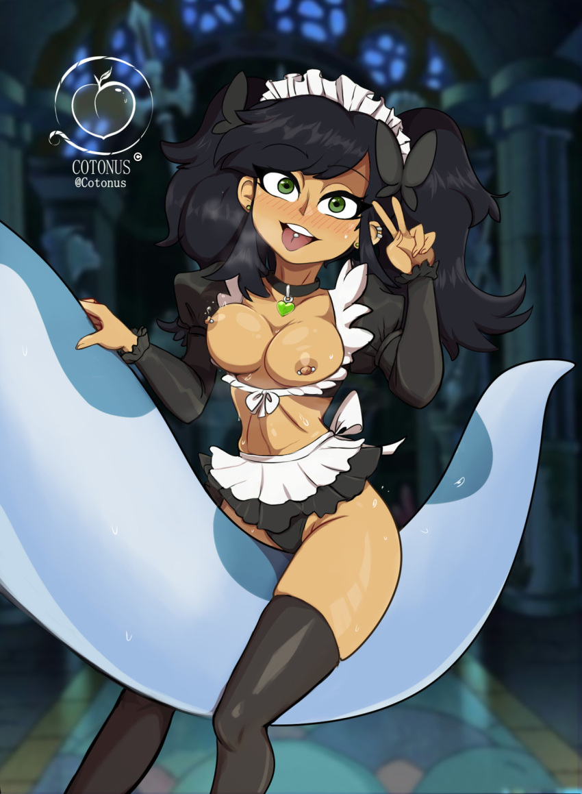 amphibia amphibia_(finale) black_hair black_socks breasts cotonus disney green_eyes high_resolution maid maid_uniform marcy_wu nipples panties pierced_nipples piercing smooth_skin socks tagme tentacle thigh_socks thighhighs twintails