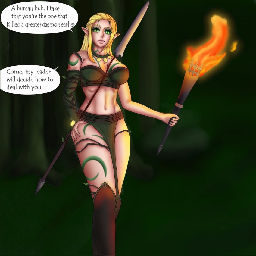 1girls blonde_hair dialogue elf elf_ears english_text female female_only kao_kacique light-skinned_female revealing_clothes skimpy solo solo_female speech_bubble text wardancer warhammer_(franchise) warhammer_fantasy wood_elf wood_elf_(warhammer)