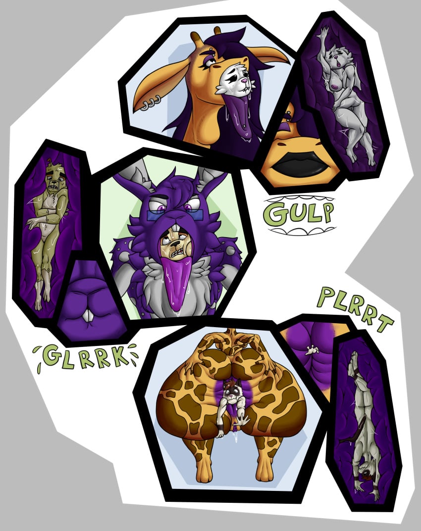 anal_vore anthro anthro_pred anthro_prey anus beige_fur black_lipstick brown_fur bunny canine crying eyeshadow feline female female_pred female_prey giraffe glasses in_mouth infiniteshades internal_view makeup male male_prey markings mawshot multiple_preds multiple_prey oral_vore piercings purple_anus purple_fur purple_hair rabbit saliva saliva_string shady_(infiniteshades) spreading spreading_ass squatting suzy_(infiniteshades) tongue_out unwilling unwilling_prey vore_day white_fur willing willing_prey