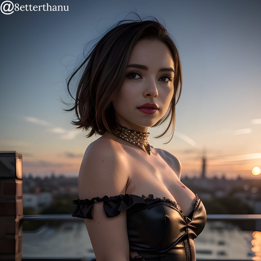 1girls 8etter_than_u ai_generated black_dress female female_only high_quality necklace pokimane queen_of_hearts solo streamer sunset tattoo twitch youtube