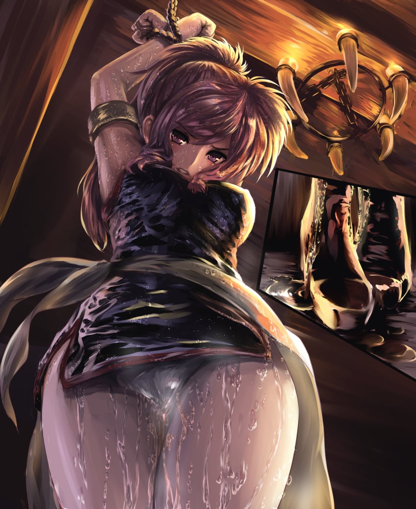 1girls armpits arms_up bare_arms bare_thighs bondage boots breasts clenched_teeth covered_nipples excessive_pussy_juice female female_only femsub fire_emblem fire_emblem:_the_sacred_stones from_below looking_at_viewer marisa_(fire_emblem) medium_breasts misoinukinenkan nintendo panties pantyshot pantyshot_(standing) partially_visible_vulva pink_eyes pink_hair ponytail pussy pussy_juice_puddle solo standing steamy_pussy sweat sweating sweaty thick_thighs thighs underwear upskirt wet_panties white_panties