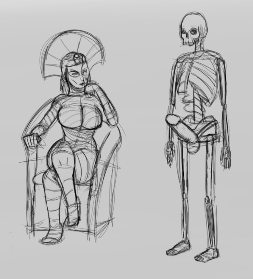 1girls callmewritefag female khalida_(warhammer) large_penis monochrome mummy skeleton sketch tomb_kings undead warhammer_(franchise) warhammer_fantasy