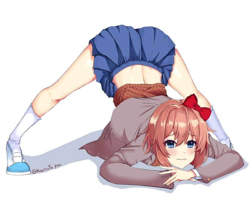 1girls blue_eyes clothing doki_doki_literature_club embarrassed female female_only fit_female jack-o_pose jackochallenge just_sayori kamisato_yuu knee_socks kneehighs kneesocks light-skinned_female light_skin looking_at_viewer red_hair_bow sayori_(doki_doki_literature_club) school_uniform schoolgirl socks strawberry_blonde_hair uwabaki white_socks