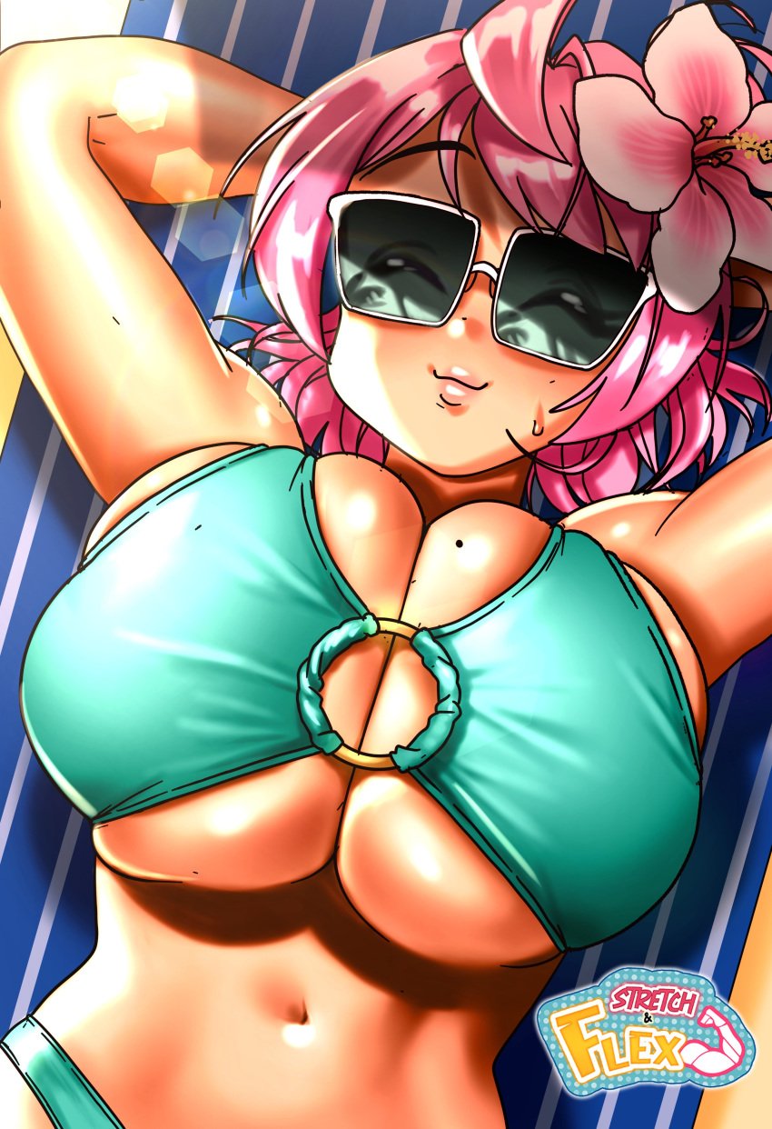 1girls alternate_version_available arms_behind_head beach beach_towel belly_button big_breasts bikini bikini_aside bikini_top breasts cleavage closed_eyes female female_focus female_only flower_in_hair huge_breasts large_breasts original original_character ruby_(sasatseng) sasatseng stomach sunglasses tinted_eyewear