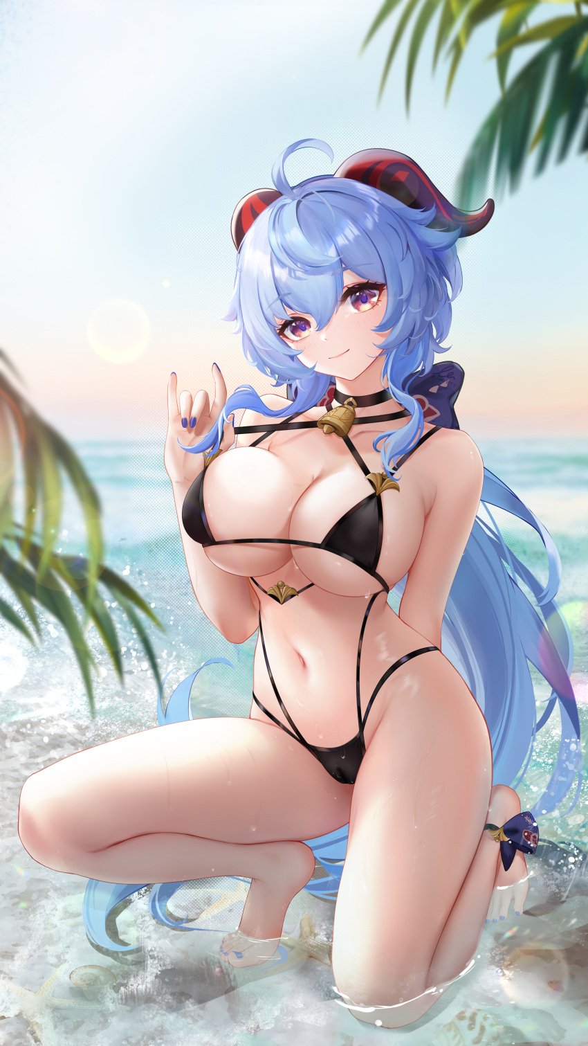 1girls 2022 absurd_res ahoge beach bell_choker bikini blue_bikini blue_hair breasts choker cleavage female female_only ganyu_(genshin_impact) genshin_impact hips horns huge_breasts large_filesize liao_(artist) light-skinned_female light_skin liu_liaoliao long_hair outdoors purple_eyes slim_waist smile swimsuit thick_thighs thighs water wet wide_hips