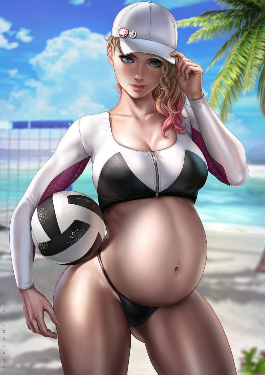 1girls absurd_res absurdres bare_skin bare_thighs baseball_cap beach belly big_belly big_breasts black_clothing black_panties black_thong black_underwear blonde_hair blue_eyes breasts busty child_bearing_hips clothed clothed_female clothing dandon_fuga dyed_hair eyebrow_piercing female female_focus female_only gwen_stacy hat hat_tip high_resolution highres hips holding_ball huge_belly large_belly large_breasts large_filesize looking_at_viewer marvel marvel_comics massive_belly medium_hair navel palm_tree panties piercing piercings pink_hair pregnant pregnant_belly pregnant_female round_belly sand shirt shoulder_length_hair solo solo_female solo_focus spider-gwen spider-man_(series) spider_web_print standing superheroine thick_thighs thighs thong tipping_hat toned toned_arms toned_body toned_female tree tropical two_tone_clothing two_tone_clothing_(blackandwhite) underwear very_high_resolution volleyball volleyball_(ball) volleyball_net white_clothing white_hat white_shirt