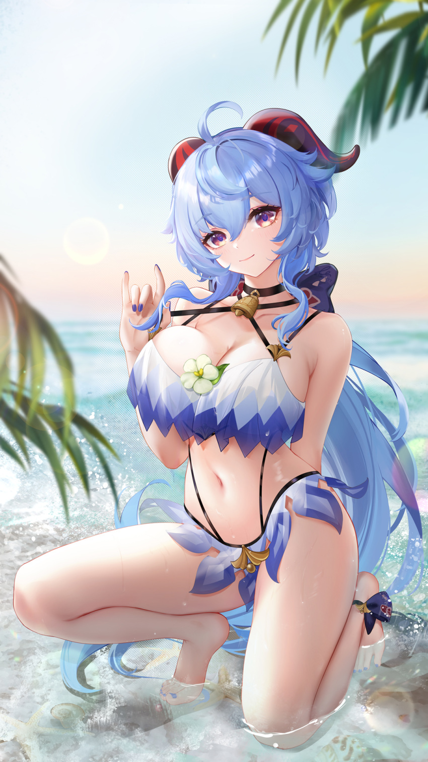 1girls 2022 absurd_res ahoge beach bell_choker bikini blue_bikini blue_hair breasts choker cleavage female female_only ganyu_(genshin_impact) genshin_impact hips horns huge_breasts large_filesize liao_(artist) light-skinned_female light_skin liu_liaoliao long_hair outdoors purple_eyes slim_waist smile swimsuit thick_thighs thighs water wet wide_hips