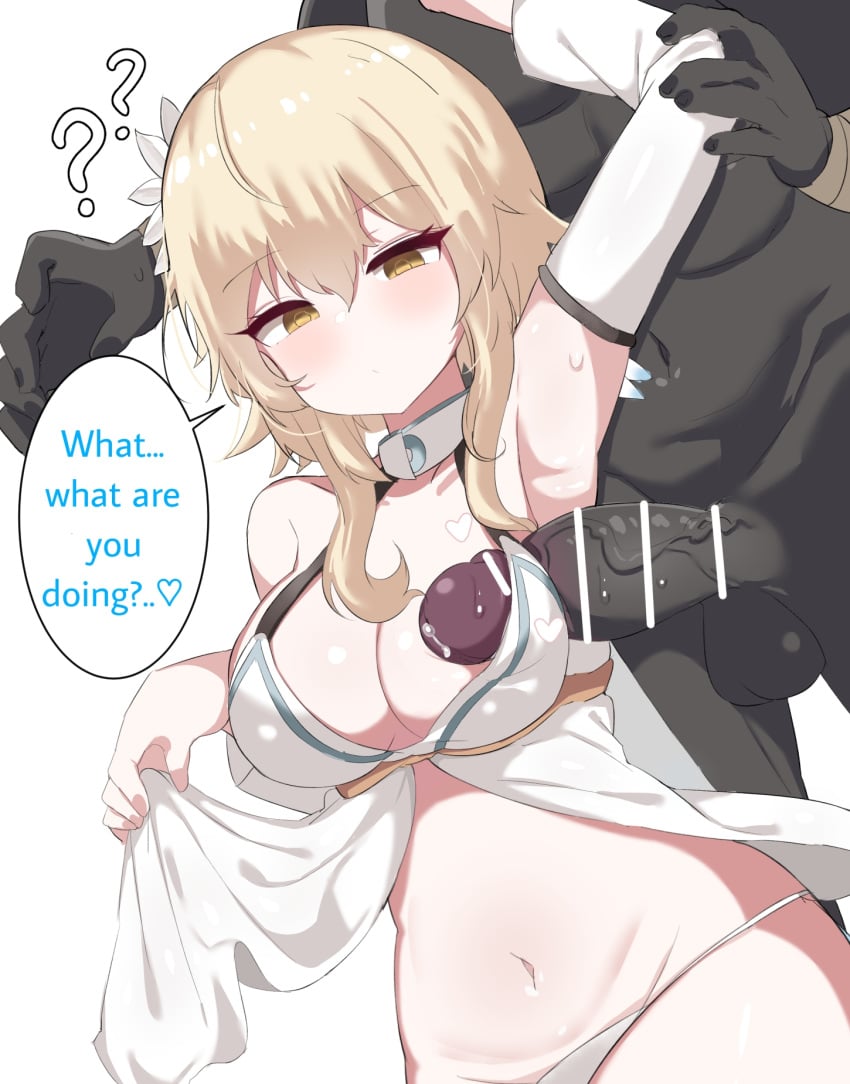 1boy 1girls bar_censor blonde_female blonde_hair blue_eyes breasts censored clothed clothing cum cum_on_body cum_on_breasts dick doldol erection genshin_impact hilichurls_(species) hypnosis lumine_(genshin_impact) mind_control nipples paizuri penis penis_rubbing_breast penis_under_another's_clothes seductive_look sex sideboob_paizuri speech_bubble testicles titjob