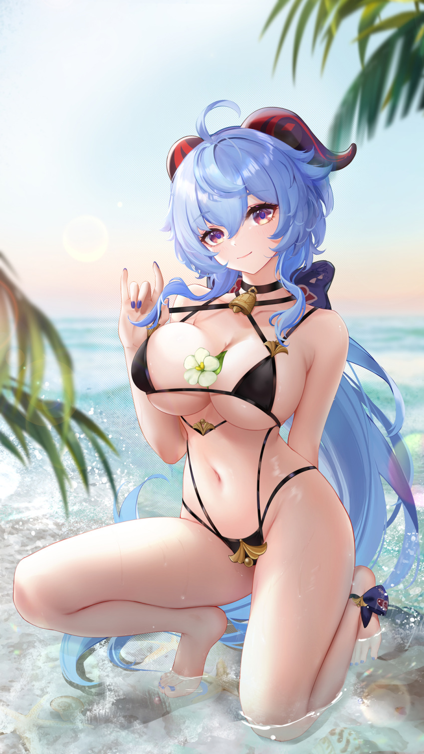 1girls 2022 absurd_res ahoge beach bell_choker bikini black_bikini blue_hair breasts choker cleavage female female_only ganyu_(genshin_impact) genshin_impact hips horns huge_breasts large_filesize liao_(artist) light-skinned_female light_skin liu_liaoliao long_hair outdoors purple_eyes slim_waist smile swimsuit thick_thighs thighs water wet wide_hips