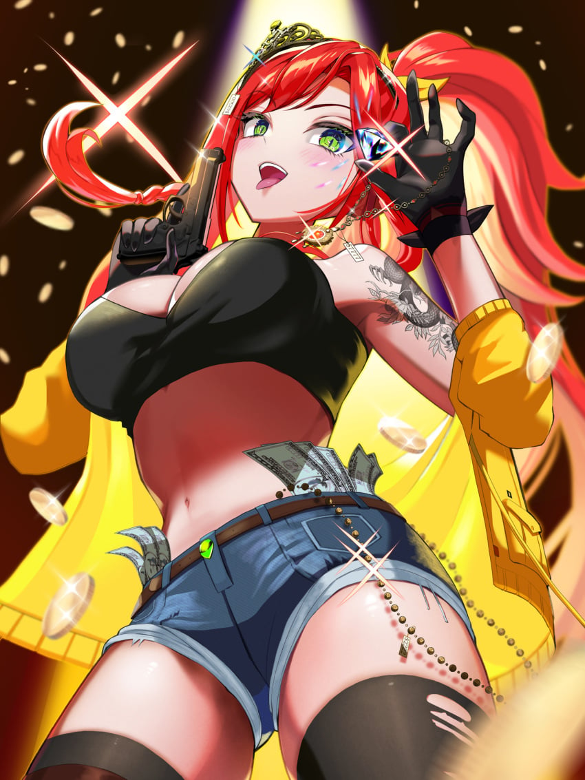 1girls belt big_breasts breasts cleavage clothed clothing coins criminal diamond dragon_tattoo elly_(vtuber) female female_only gemstone gloves green_eyes gun indie_virtual_youtuber jacket jean_shorts light-skinned_female light_skin long_hair midriff money necklace off_shoulder open_jacket open_mouth pistol price_tag red_hair shorts shoulder_tattoo stockings tank_top tattoo thin_waist tiara tongue tongue_out topwear virtual_youtuber