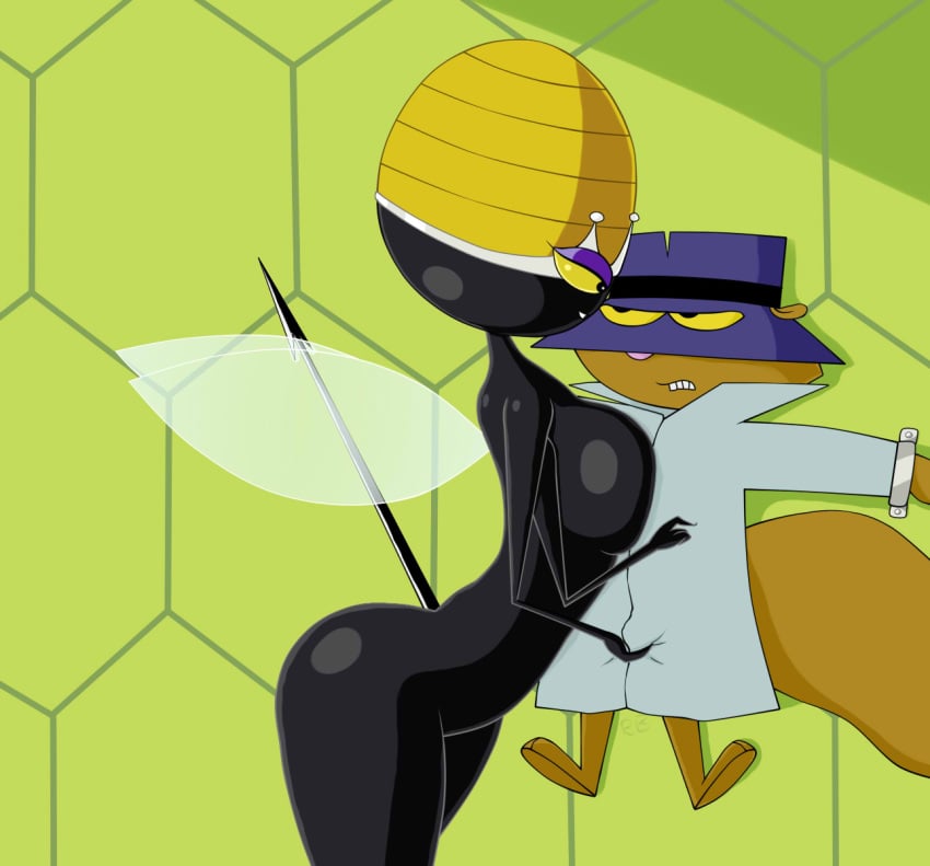 black_skin brown_fur fur hanna-barbera insect_girl insects jacket large_breasts multi_arm multi_limb queen_bea redbenjamin secret_squirrel secret_squirrel_show straight wings yellow_eyes