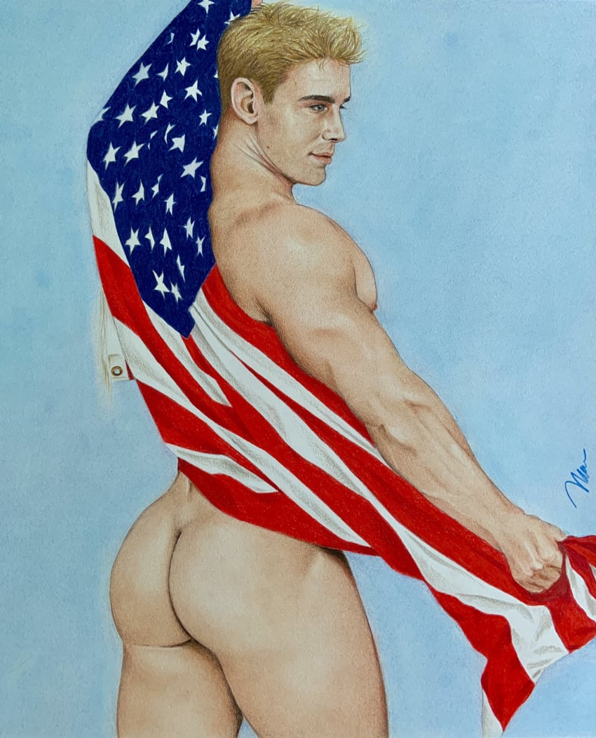 1boy 4th_of_july american american_flag ass brad_welch_art bubble_butt butt caucasian caucasian_male colored_pencil_(artwork) male male_only muscles muscular muscular_male pencil_(artwork) posing sketch solo solo_male white_men