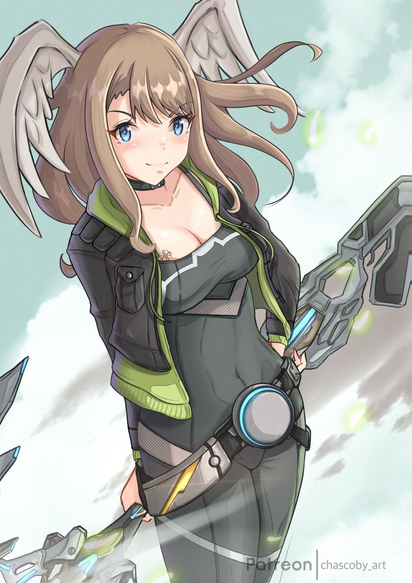 2d 2d_(artwork) arm_behind_back arm_on_hip blowing_hair blowing_wind blue_eyes blush breast_tattoo breasts brown_hair chascoby choker cleavage dirty_blonde_hair eunie_(xenoblade) feathers female female_only female_solo fully_clothed hair_between_eyes hair_blowing hair_in_wind light-skinned_female light_brown_hair light_skin monolith_soft moving_hair multiple_versions nintendo nintendo_switch smile smiling smiling_at_viewer tattoo thighs xenoblade_(series) xenoblade_chronicles_3