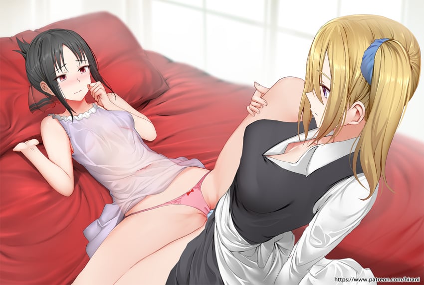 2girls bangs bare_legs bed_sheet black_hair black_vest blonde_hair blue_panties blue_scrunchie blush bow bow_panties breasts cameltoe cleavage closed_mouth clothes_lift collared_shirt covered_navel dress dress_lift embarrassed female female_only ginhaha grey_dress grey_skirt hair_between_eyes hair_ornament hair_scrunchie hayasaka_ai indoors kaguya-sama_wa_kokurasetai_~tensai-tachi_no_renai_zunousen~ leg_lift long_hair long_sleeves lying medium_breasts multiple_girls on_back on_bed panties pillow pink_panties purple_eyes red_eyes scrunchie see-through see-through_dress shinomiya_kaguya shiny shiny_hair shirt side_ponytail skirt skirt_lift sleeveless sleeveless_dress small_breasts tribadism tribadism_through_clothing underwear vest watermark web_address white_shirt wing_collar yuri