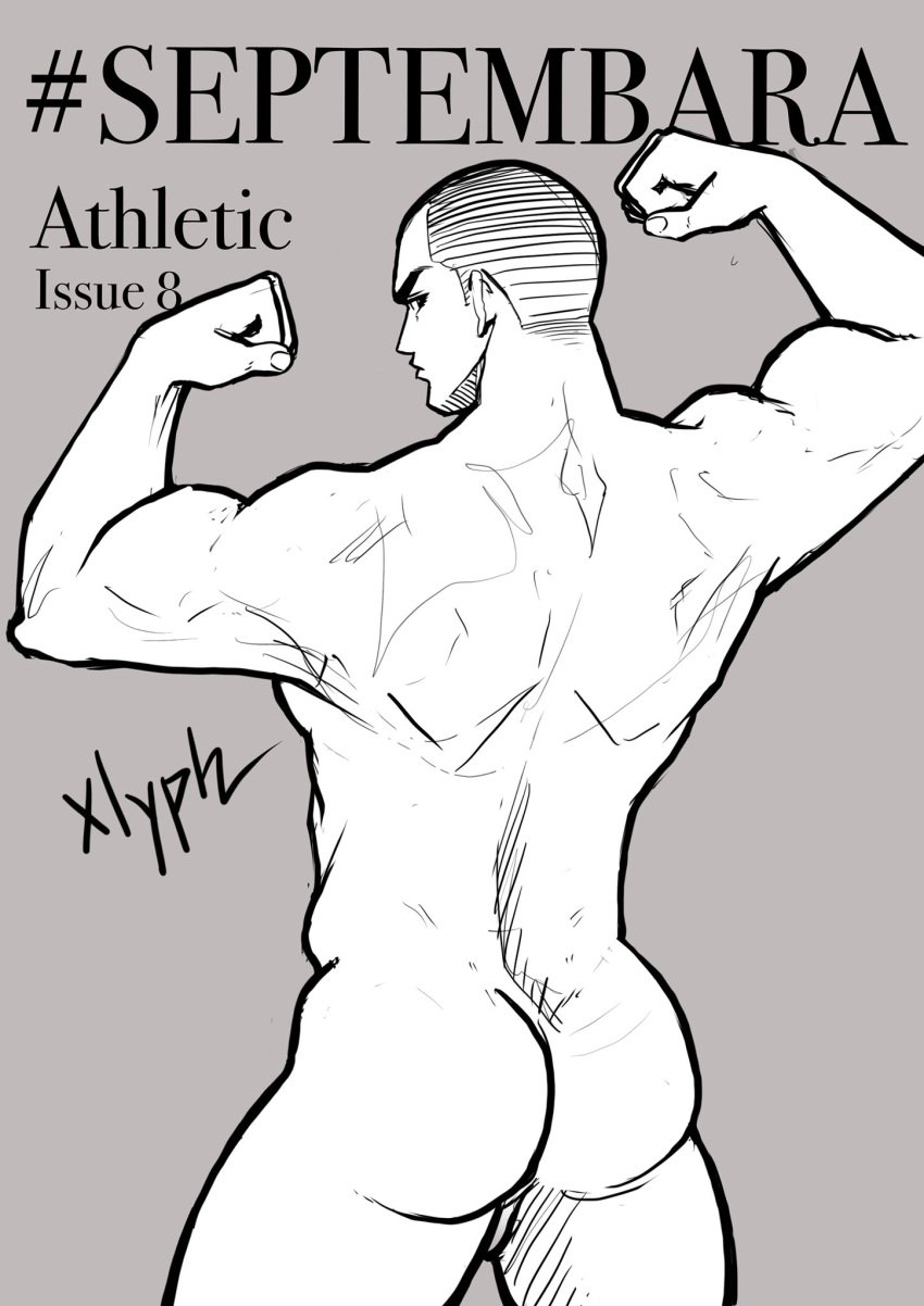 ass athletic athletic_male bald black_and_white butt english_text flexing looking_back male male_only muscles muscular muscular_male septembara uncolored xlyph