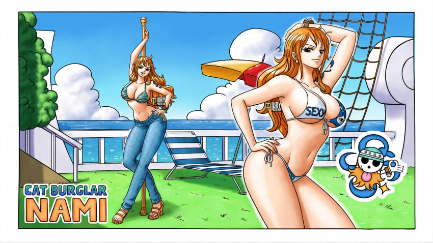 1girls big_breasts bikini bikini_top breasts busty cleavage clima-tact curvy female female_only grass iury_padilha jeans jolly_roger log_pose nami one_piece one_piece_film_gold orange_hair posing post-timeskip seductive shoulder_tattoo skimpy solo tattoo thick thick_thighs thousand_sunny tight_clothing voluptuous