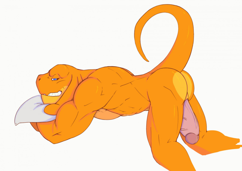 anthro ass back_muscles bangaa biceps big_penis blue_eyes bubble_butt clenched_teeth erection final_fantasy genitals hugging_pillow locke_(spoongod) looking_at_viewer male muscular muscular_male muscular_thighs orange_body pecs penis presenting presenting_hindquarters side_view simple_background solo spoongod square_enix teeth video_games white_background