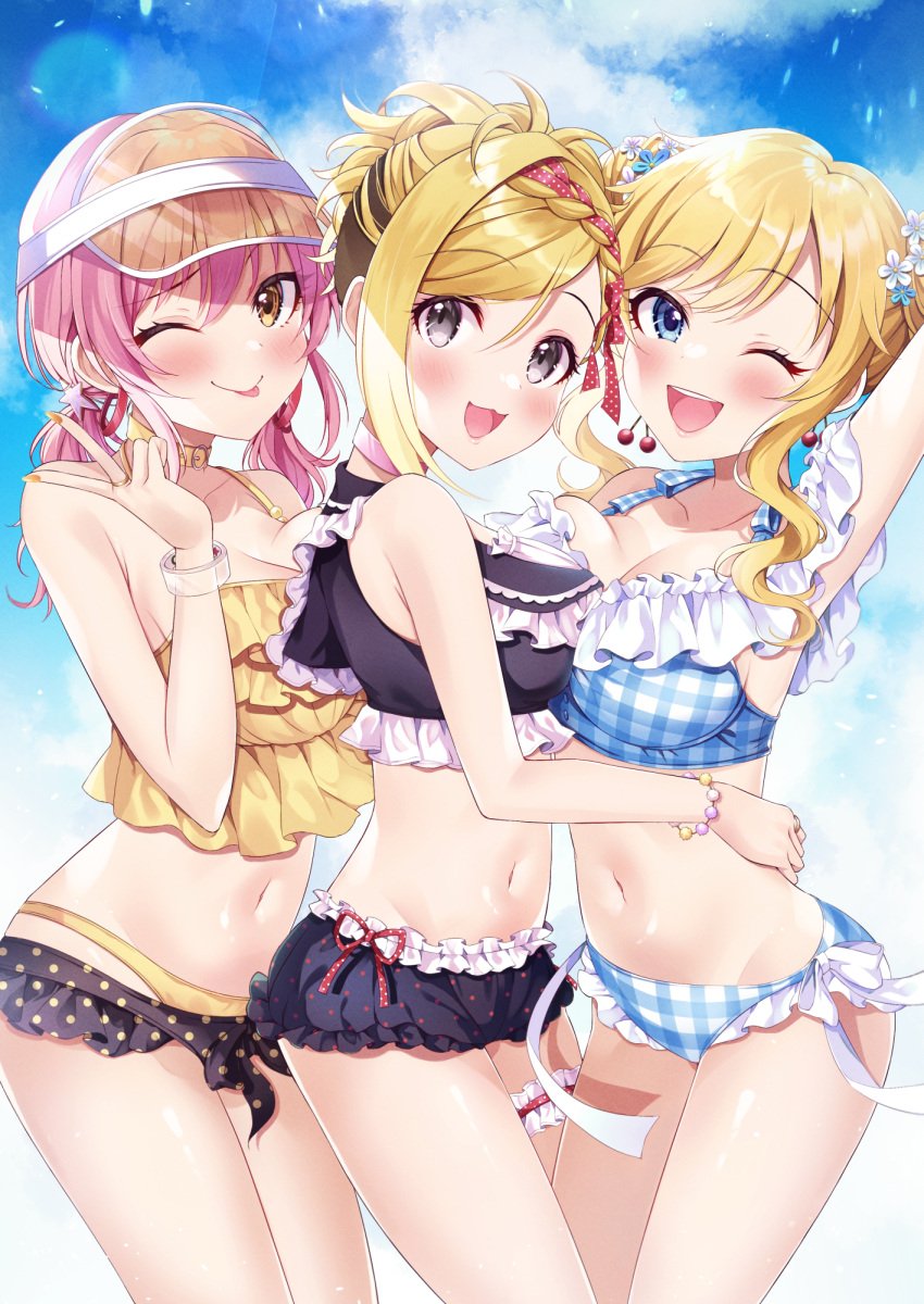 3girls :3 :3d :d ;d ;p black_eyes blonde_hair blue_eyes blue_sky blush breasts female female_only fujimoto_rina highres idolmaster idolmaster_cinderella_girls jougasaki_mika multiple_girls nako_narita one_eye_closed ootsuki_yui open_mouth orange_eyes pink_hair sky smile tongue tongue_out