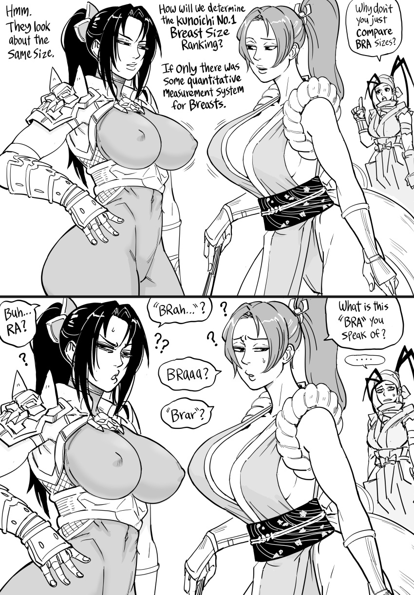 3girls ? ?? armor bandai_namco bb_(baalbuddy) breast_measuring capcom clothing comic confusion crossover dialogue erect_nipples female female_only funny huge_breasts ibuki_(street_fighter) king_of_fighters mai_shiranui monochrome nipple_bulge no_bra skin_tight snk soul_calibur soul_calibur_iv street_fighter street_fighter_iii street_fighter_iii:_3rd_strike street_fighter_iii_(series) taki