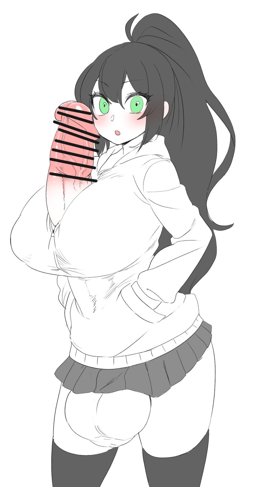 1futa 2d autopaizuri autopaizuri_under_clothes balls bar_censor birugurimu black_hair bottomless bottomless_skirt breasts casual casual_autopaizuri casual_erection casual_exposure censored clothed clothing erection futa_only futanari green_eyes high_ponytail hoodie horny huge_breasts huge_cock human large_balls looking_at_viewer mostly_clothed no_panties penis ponytail skirt solo spot_color standing thighhighs