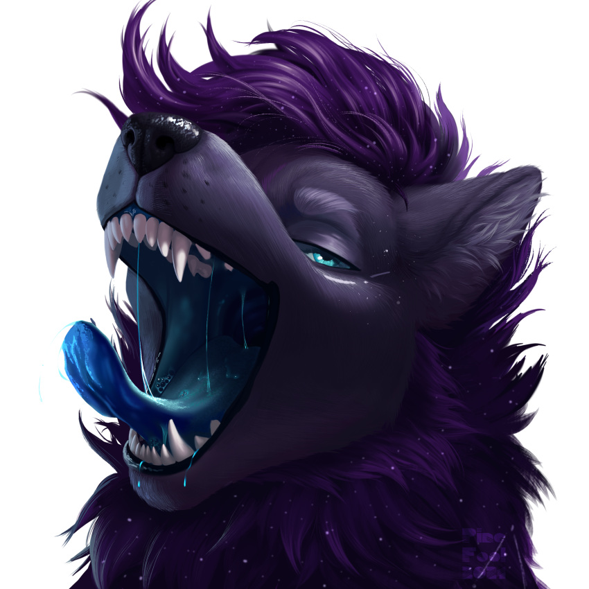 drool feral feral_only floofy_hair glowing implied looking_at_viewer mawshot open_mouth purple_fur raspberry razz saliva shinyumbra stars teeth tongue vore